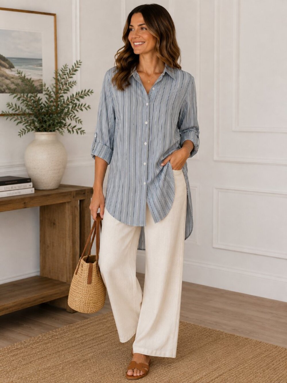 Lauren Ralph Lauren Blue Pinstripe Cotton Tunic Shirt L Longline Roll Tab 1385